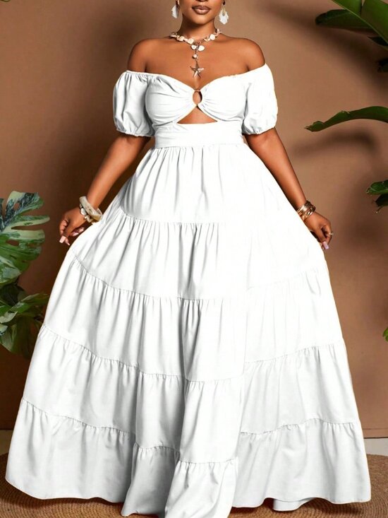Dresses & Skirts - White Boho Women's Plus Size Vacation Off-Shoulder Petal Sleeve maxi Dress